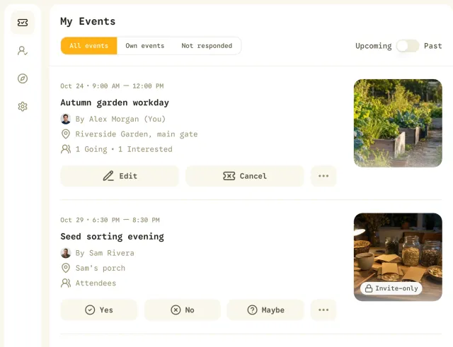 My Events page with filters for all events, own events and events without a response, an upcoming and past switch, the Autumn garden workday with Edit and Cancel, and an invitation to the Seed sorting evening with Yes, No and Maybe.