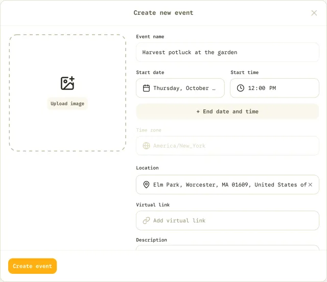 Create new event form with an Upload image area, the name Harvest potluck at the garden, a start date and time, the America/New_York time zone and a location in Elm Park, Worcester.