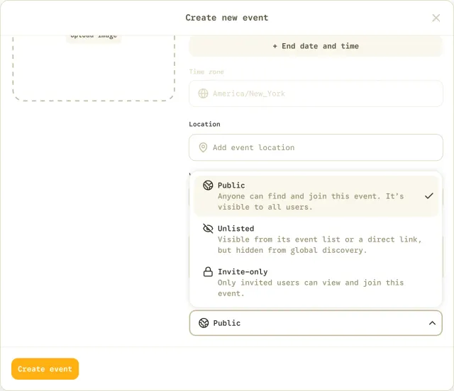 Event form with the visibility list open: Public, which anyone can find and join, Unlisted, which is hidden from discovery, and Invite-only, which only invited people can see.