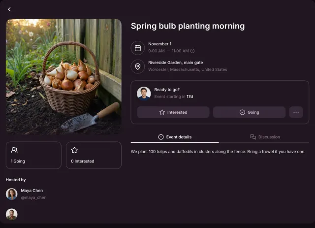 Public Spring bulb planting morning by Maya Chen with a cover of bulbs, its date, time and place, the counts of people who go and who are interested, and the Interested and Going controls.