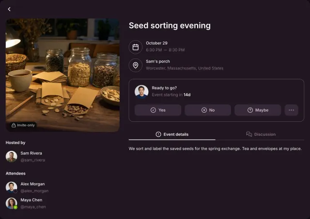 Invite-only Seed sorting evening by Sam Rivera with a cover of saved seeds, its date, time and place, the Yes, No and Maybe answers for the invited Alex Morgan, and the attendees.