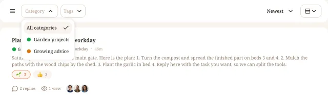 The open Category filter of the Riverside Garden forum lists all categories, Garden projects and Growing advice.