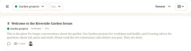 Riverside Garden forum filtered to Garden projects, with a tag filter, a Newest sort control and a pinned welcome topic.
