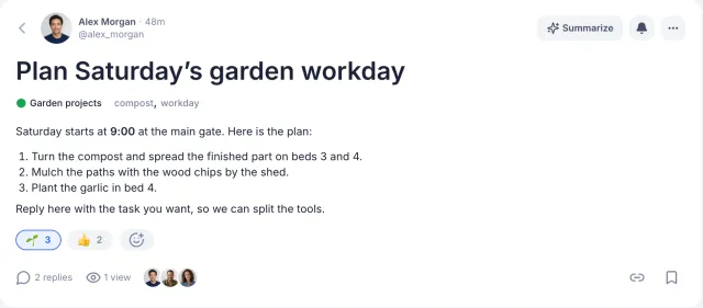 A forum topic about the Saturday garden workday with a seedling reaction chip counting 3 and a thumbs-up chip counting 2.