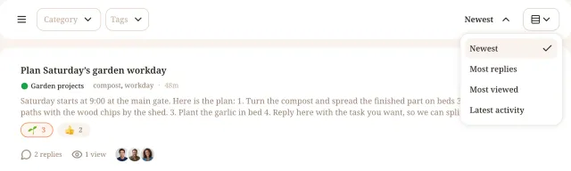 The open sort menu of the forum offers Newest, Most replies, Most viewed and Latest activity.