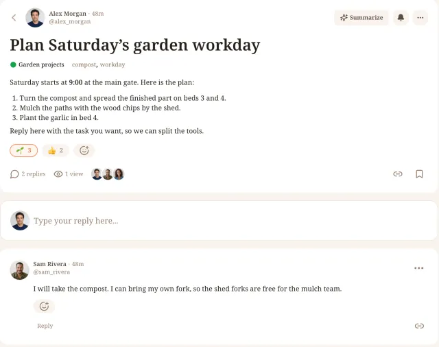 A Riverside Garden forum topic about the Saturday workday, with a numbered plan, reaction chips, a reply composer and a reply from Sam Rivera.