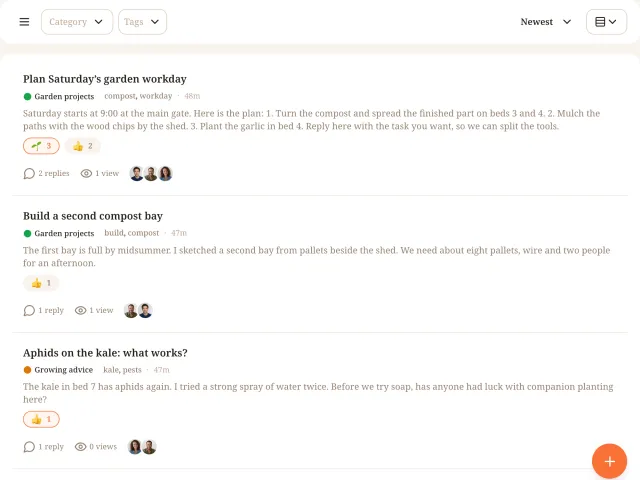 Riverside Garden forum topics with categories, tags, reply counts, views, participant avatars and emoji reaction chips.