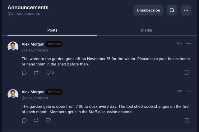 Two posts by Alex Morgan in the Announcements channel, each with a Member label next to his name.