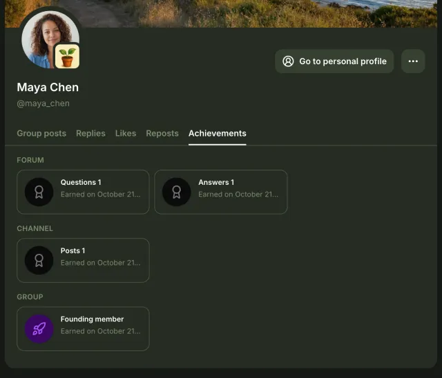 Das Gruppenprofil von Maya Chen im Tab Erfolge, mit Fragen 1, Antworten 1, Beiträge 1 und Gründungsmitglied, jeweils am 21. Oktober erreicht.