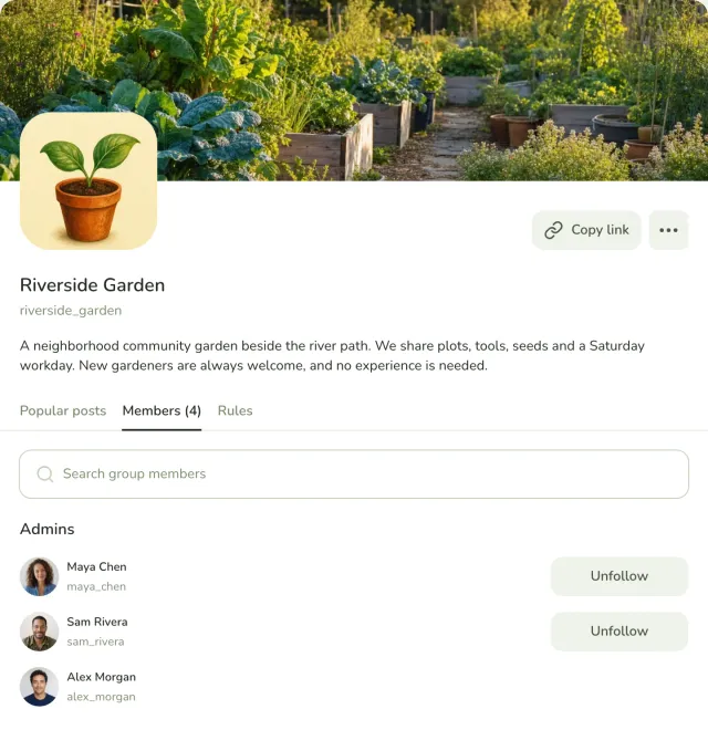 Riverside Garden profile with a garden header, a plant avatar, a description and the member directory, which lists Maya Chen, Sam Rivera and Alex Morgan as admins.