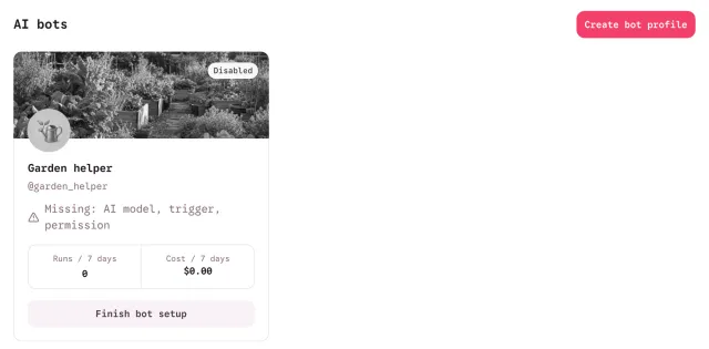 AI bots page of a group with the Garden helper bot card, marked Disabled, that lists the missing AI model, trigger and permission, with runs and cost over 7 days and a Finish bot setup button.