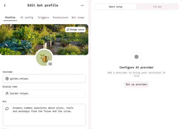 Edit bot profile page for Garden helper with a garden cover, a watering-can avatar, the username garden_helper, the display name and a bio, beside a setup panel that asks for an AI provider.