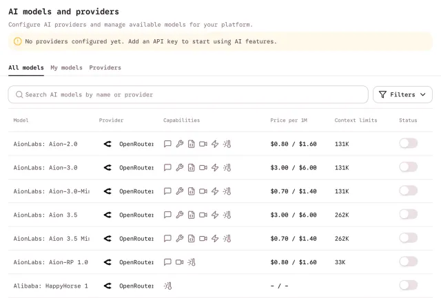 AI models and providers page of a group with a notice that no provider is configured yet, a model search, and a catalog of OpenRouter models with capabilities, prices per million tokens, context limits and switches.