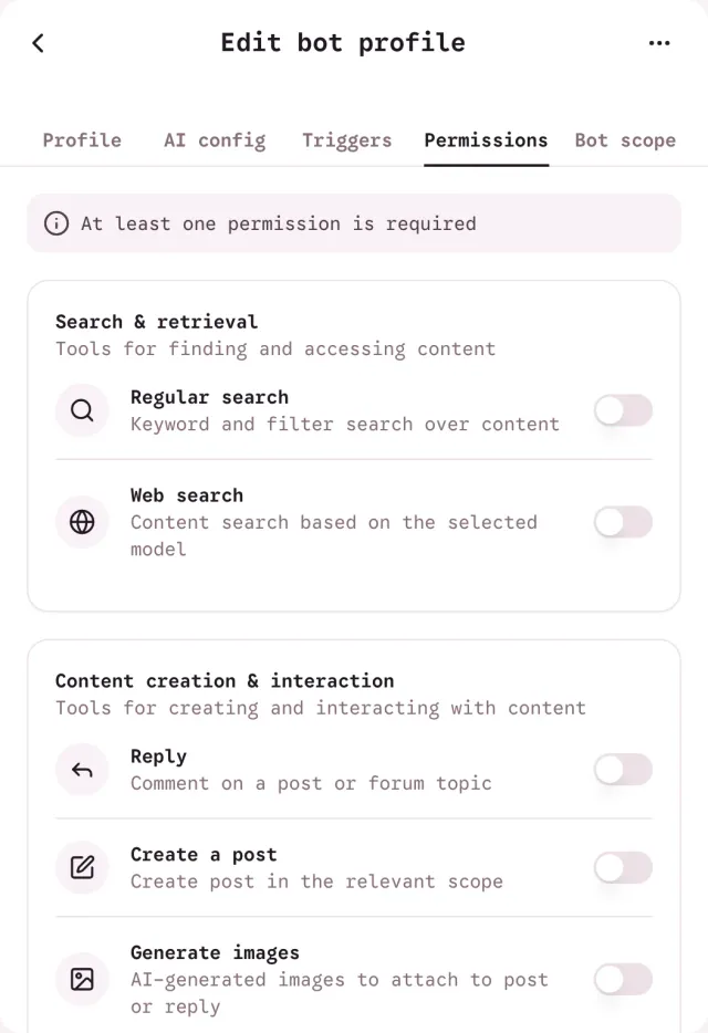 Permissions tab of the Garden helper bot editor with the actions that the bot may take.