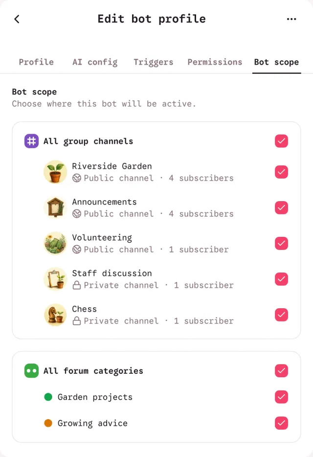 Bot scope tab of the Garden helper bot editor with the channels and forum categories where the bot may act.