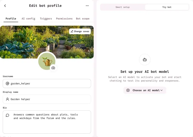 Bot editor for Garden helper with the Try bot panel, which asks to choose an AI model before a test conversation can start.