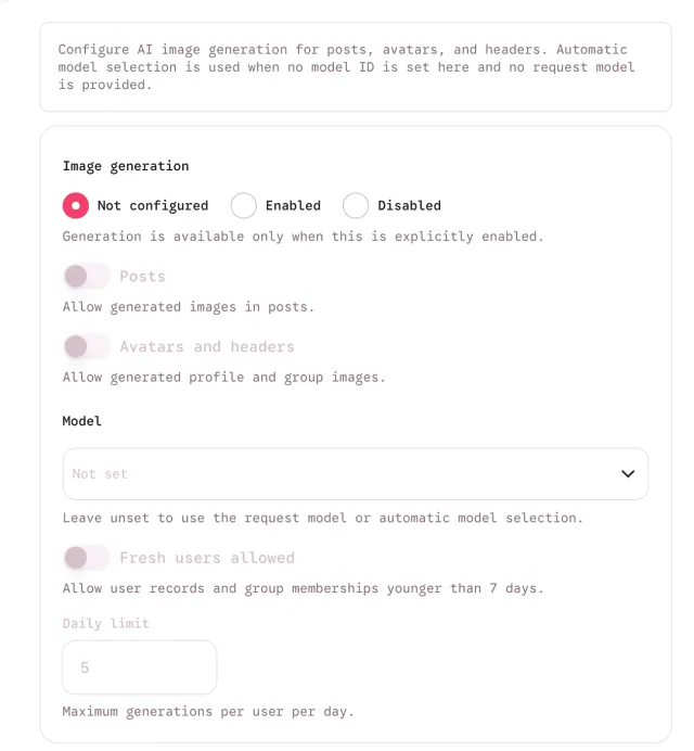 AI tools settings of a group with Image generation set to Not configured, disabled switches for images in posts and for avatars and headers, a model selector, a switch for new users and a daily limit of 5.