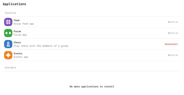 Applications page of a group with the built-in Feed, Forum and Events apps, the installed Chess app with an Uninstall button, and no further apps available.