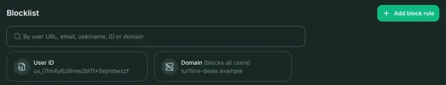 Group blocklist with a rule that blocks one user ID and a rule that blocks the domain turfline-deals.example, plus search and Add block rule.