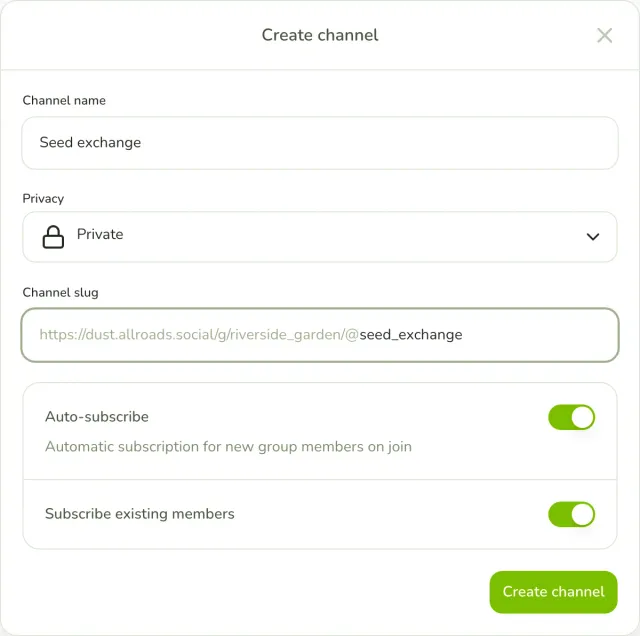 Create channel form with the name Seed exchange and the privacy set to Private.