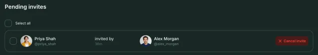 Pending invites of Riverside Garden: Priya Shah, invited by Alex Morgan, with a Cancel invite button.