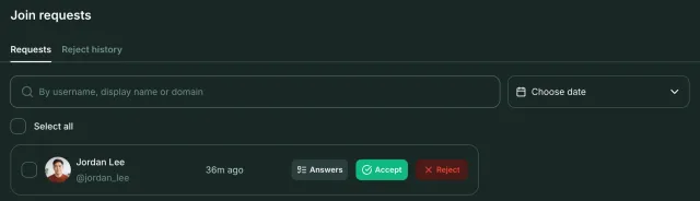 Join requests of Riverside Garden with a pending request from Jordan Lee and the Answers, Accept and Reject buttons, plus search and date filters.