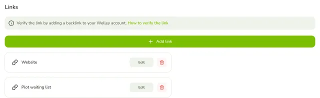 Links settings of Riverside Garden with the Website and Plot waiting list links, Edit and delete buttons, an Add link button, and a hint about verification with a backlink.