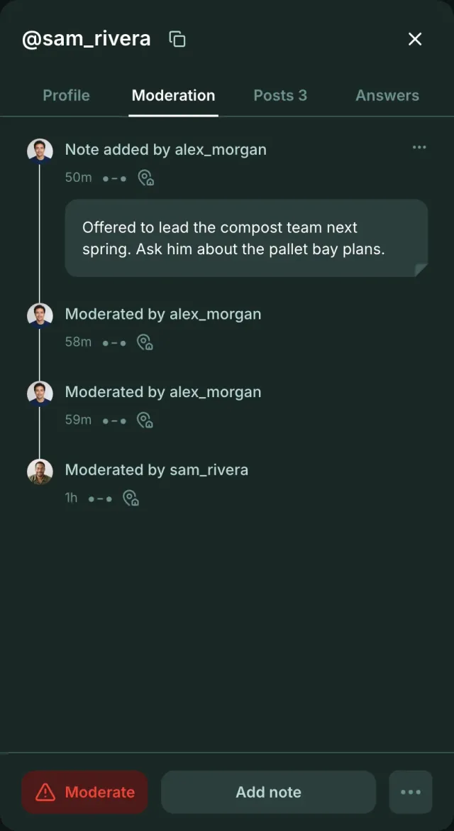 Moderation tab of the member panel for Sam Rivera with a staff note added by Alex Morgan and earlier moderation entries with their times.