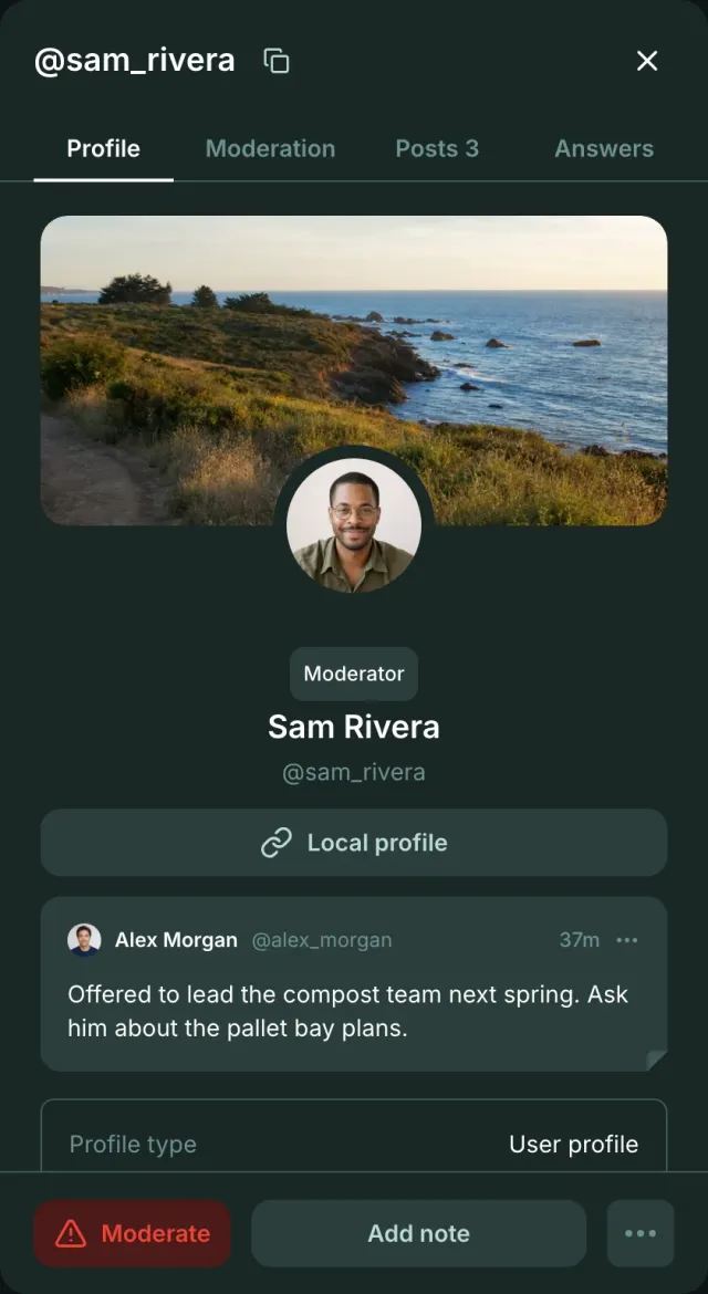 Member panel for Sam Rivera with his header and avatar, the Moderator role, a staff note from Alex Morgan, and Moderate and Add note buttons.