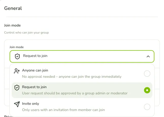 The join mode menu of a group with three choices: Anyone can join, Request to join and Invite only. Request to join is selected.