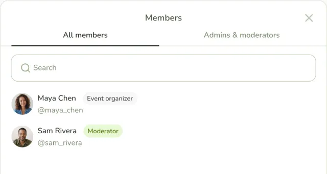 The member picker for an ownership transfer, with Maya Chen as Event organizer and Sam Rivera as Moderator.