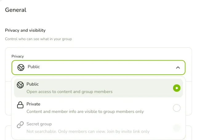 The privacy menu of a group with Public selected, Private available, and Secret group shown as a disabled choice.