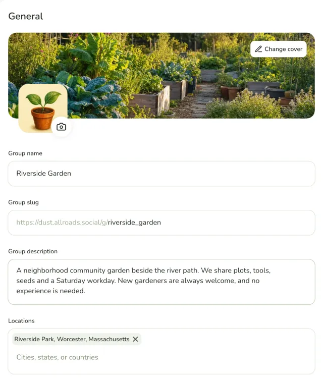 Group settings form with the garden cover, the plant avatar, the group name Riverside Garden, the group address, a description and a location.