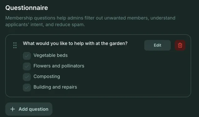 Questionnaire settings with the question What would you like to help with at the garden? and the choices Vegetable beds, Flowers and pollinators, Composting and Building and repairs.