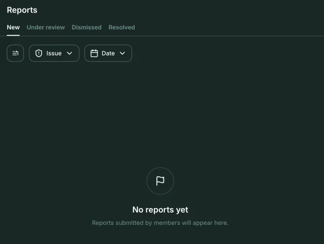 Reports page of a group with the New, Under review, Dismissed and Resolved tabs, issue and date filters, and the message No reports yet.