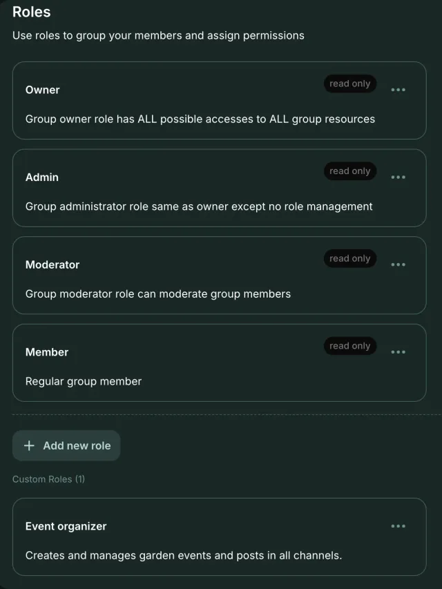 Roles settings with the built-in Owner, Admin, Moderator and Member roles and a custom Event organizer role that creates and manages garden events.