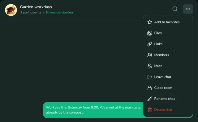 The menu of the Garden workdays room offers favorites, files, links, members, mute, leave, close room, rename and delete.