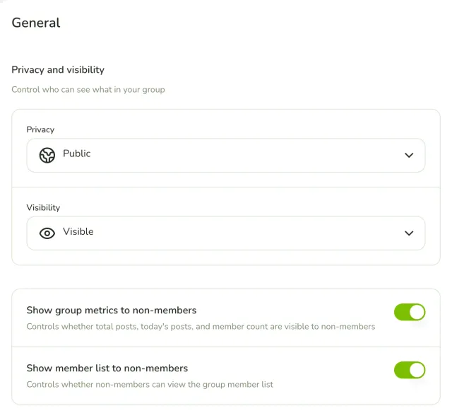 Privacy and visibility settings of a group: privacy Public, visibility Visible, and switches that show group metrics and the member list to people who are not members.