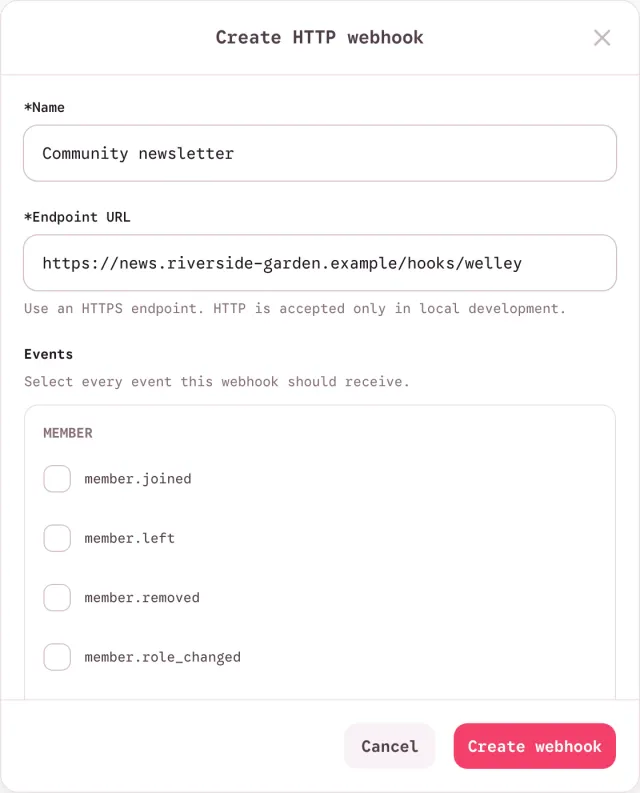 Create HTTP webhook form with the name Community newsletter, an HTTPS endpoint URL, and a list of member events to subscribe to, with Cancel and Create webhook buttons.