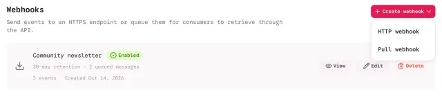 Webhooks page with the Create webhook menu open, offering HTTP webhook and Pull webhook, above the existing Community newsletter webhook.