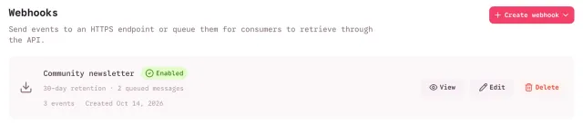 Webhooks page of a group with the enabled Community newsletter webhook, its 30-day retention, queued messages and three events, and View, Edit and Delete buttons.