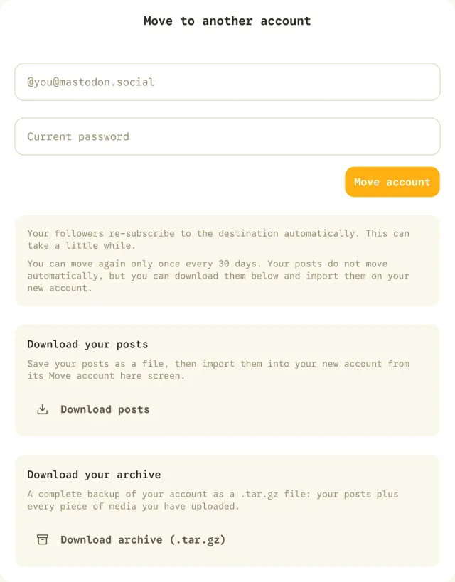 Account move page with Download posts and Download archive controls.