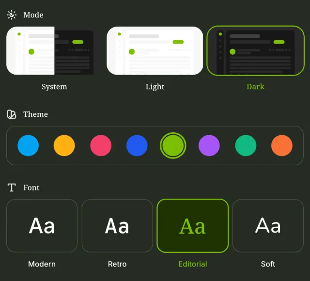Appearance settings with system, light and dark mode, theme colors and four fonts.