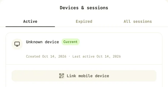 Session list with one current device and a Link mobile device button.