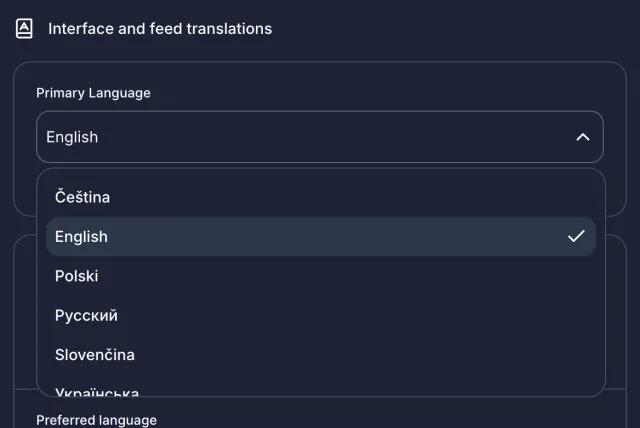 Interface language menu with English, Ukrainian, Russian, Polish, Czech and Slovak choices.