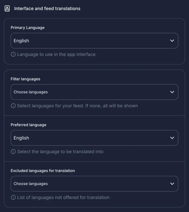 Language settings with interface language, feed language filter, translation language and translation exclusions.