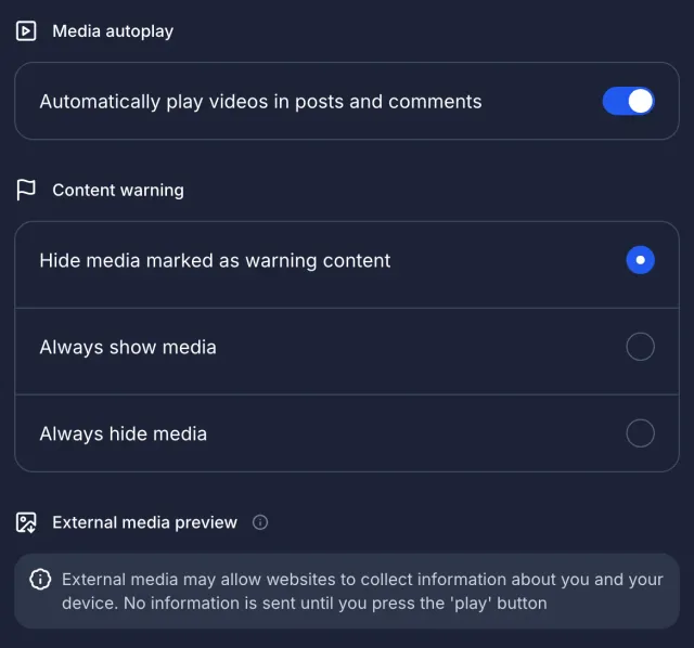 Media controls for video autoplay, sensitive content and external previews.