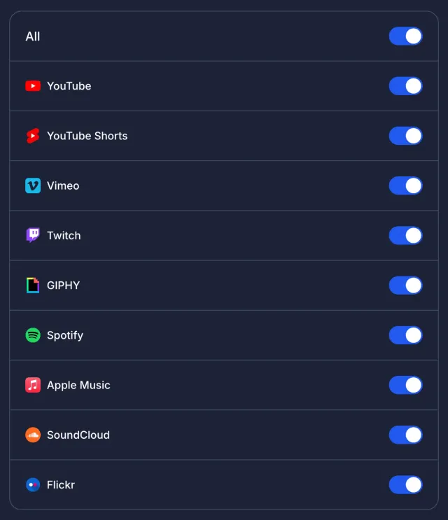 External preview switches for YouTube, Vimeo, Twitch, GIPHY, Spotify, Apple Music, SoundCloud and Flickr.