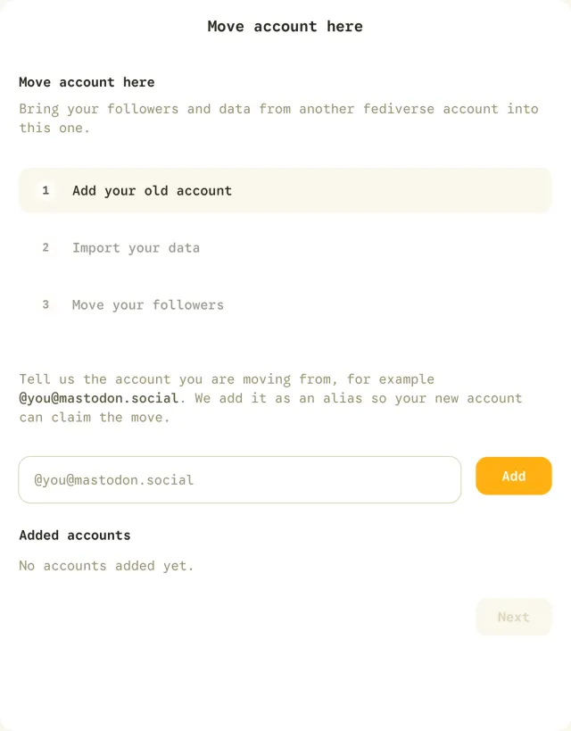 Account migration page with account alias form, data import step and follower move step.