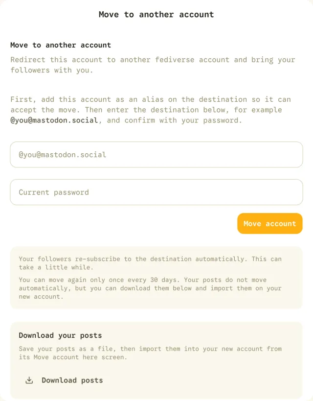 Account move page with destination and password fields, follower transfer explanation and download options.